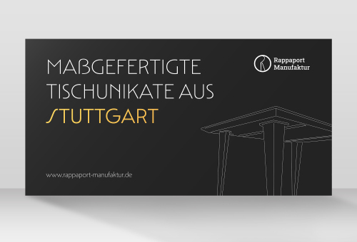 Plakat für Hersteller von maßgefertigten Tischunikaten aus Massivholz